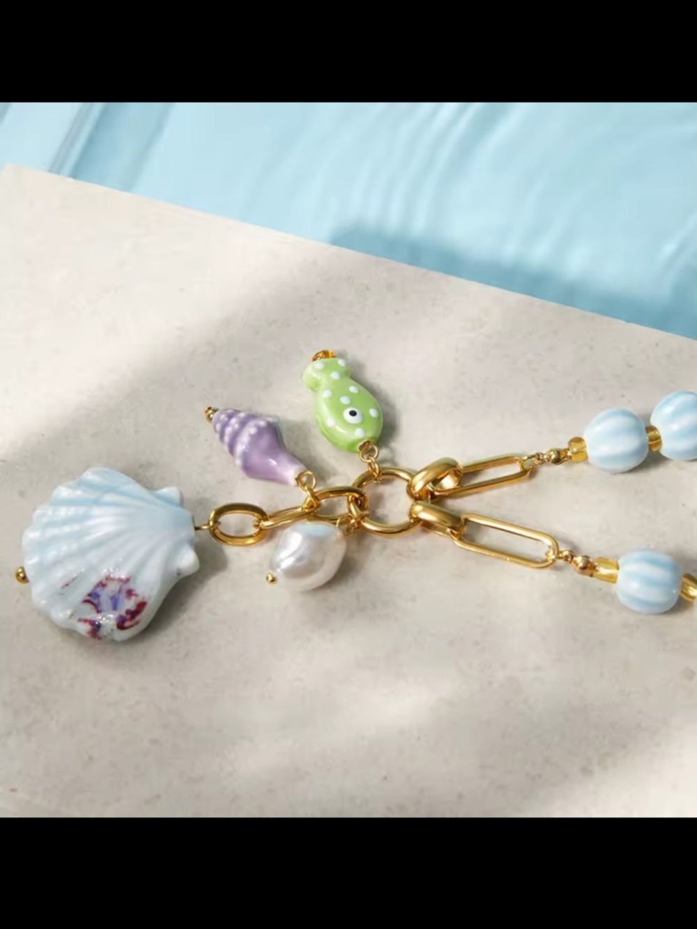 Seashell Blue Beads Gold Chain Beach Style Necklace - Picture 11 of 13